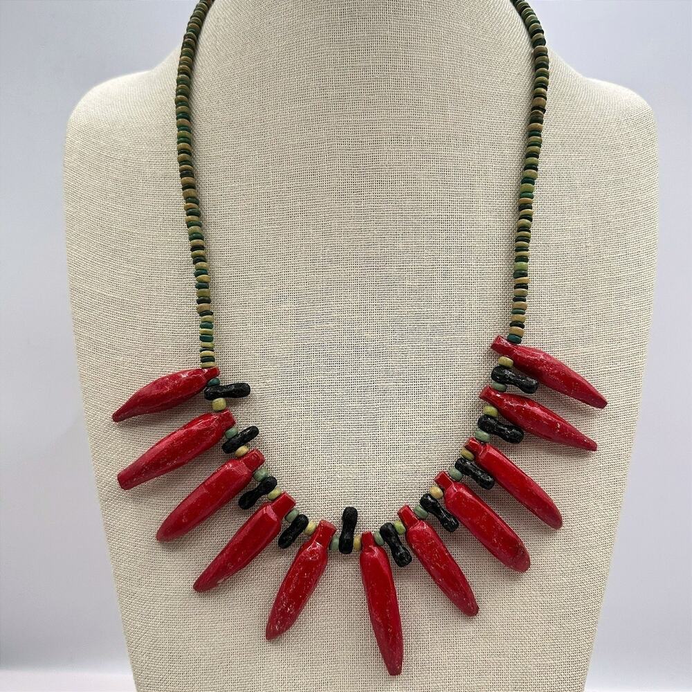 Vintage 90s Silver Tone Red Chili Pepper Wooden Beaded Necklace Women's Jewelry